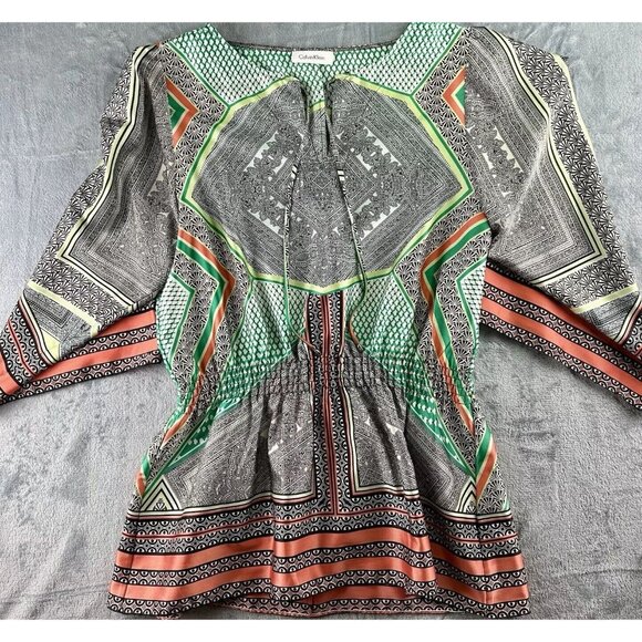 Calvin Klein Kimono Sleeve Blouse Women’s PTP 21.5" Multi Poly Tie Boho Flowy - Picture 2 of 14
